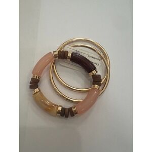 Uncas Vendor Sample Bracelet Set Gold Pink Maroon Bangles Stretch Resin Wood NOS